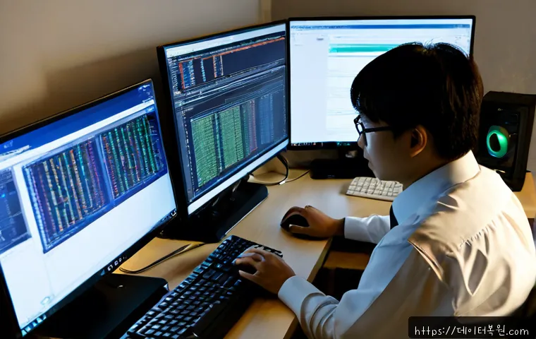 번동 PAGE_TABLE_CORRUPT - Photorealistic IT support workstation in a compact apartment office, dual monitors showing abstract ...