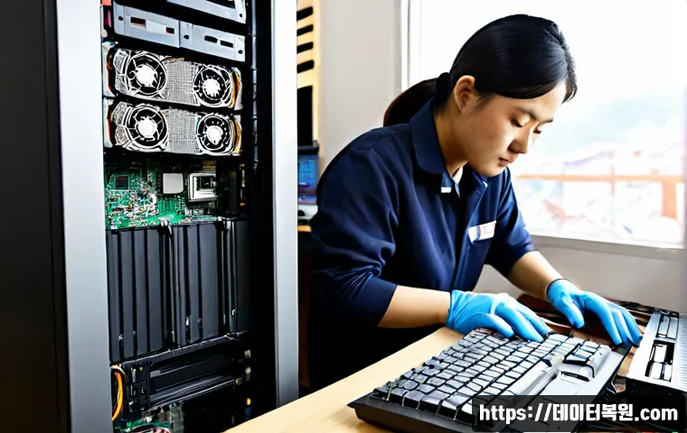 목현동 RAM조립 및 교체수리 - Photorealistic PC repair workstation in a compact Korean neighborhood computer shop, technician wear...