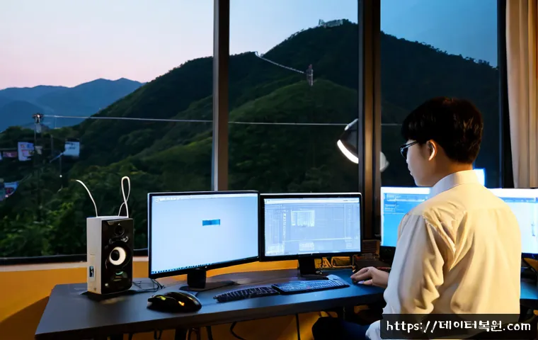 동빙고동 본체 꺼졌다 켜졌다 할때 - Photorealistic remote-support scene in a compact Dongbinggo-dong apartment studio, desktop tower rep...