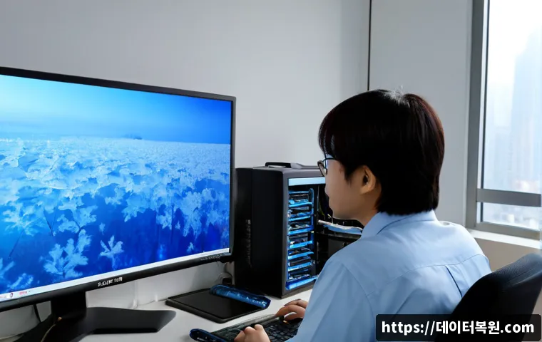 삼양동 WIN32K_LOCK_HELD_TOO_LONG - Photorealistic IT support workstation in Samyang-dong, Seoul, dual monitors showing a frozen blue ab...