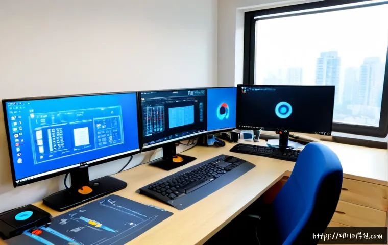사근동 STATUS_KERNEL_MODULE_CORRUPTION - Photorealistic IT support workstation in a compact Seongsu-adjacent office, dual monitors showing a ...