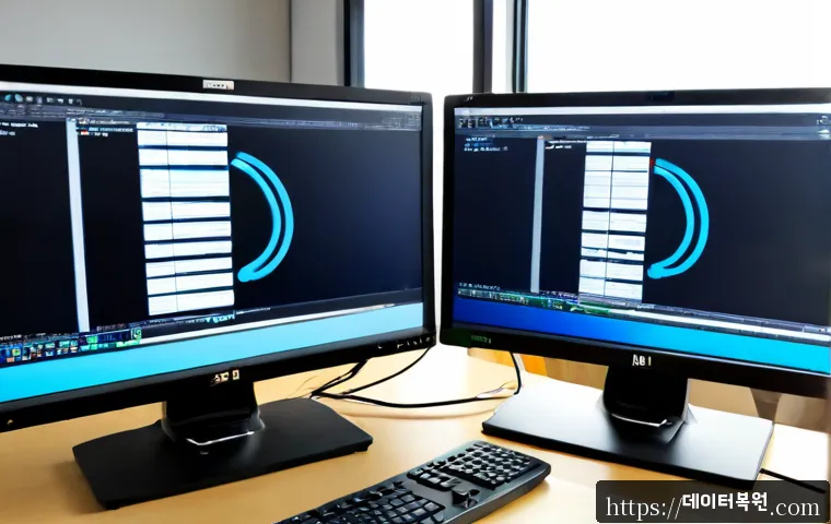 마포동 BOOTMGR is Compressed - Photorealistic remote IT support workstation in a compact Mapo-dong office, dual monitors showing a ...