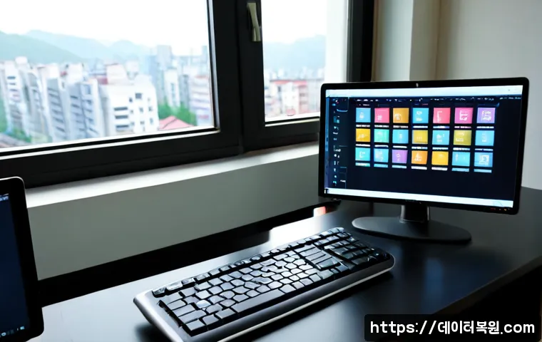 내곡동 STATUS_DATATYPE_MISALIGNMENT - Photorealistic remote-support workstation in a quiet Naegok-dong office, dual monitors showing abstr...