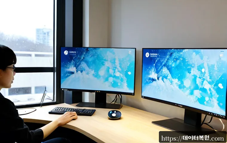 토정동 STATUS_EXECUTION_TIMEOUT - Photorealistic remote-support workstation in a compact Toseong-dong office, dual monitors showing a ...