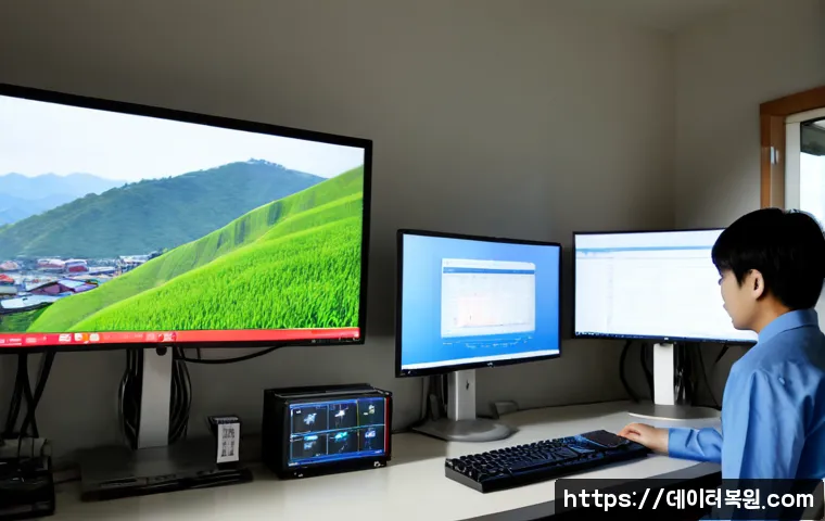 청운동 WATCHDOG_VIOLATION - Photorealistic IT support workstation in Cheongun-dong, dual monitors displaying a clean abstract sy...