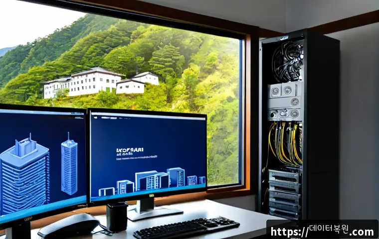 남산동 부팅안됨 - Photorealistic IT support scene in a compact hillside apartment near a wooded urban mountain, techni...