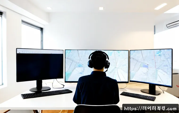 녹번동 STATUS_PRIVILEGED_INSTRUCTION - Photorealistic remote-support workstation in Nokbeon-dong, Seoul, dual monitors showing abstract CAD...