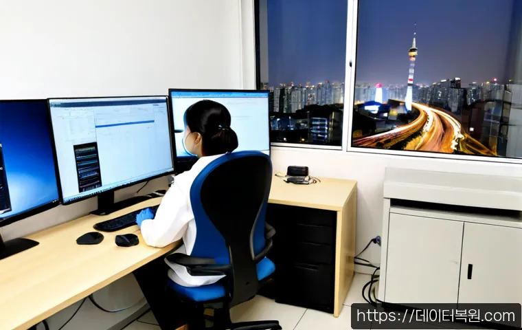 적선동 NMI_HARDWARE_FAILURE - Photorealistic IT support workstation in a compact Jongno-style office, desktop tower opened beside ...
