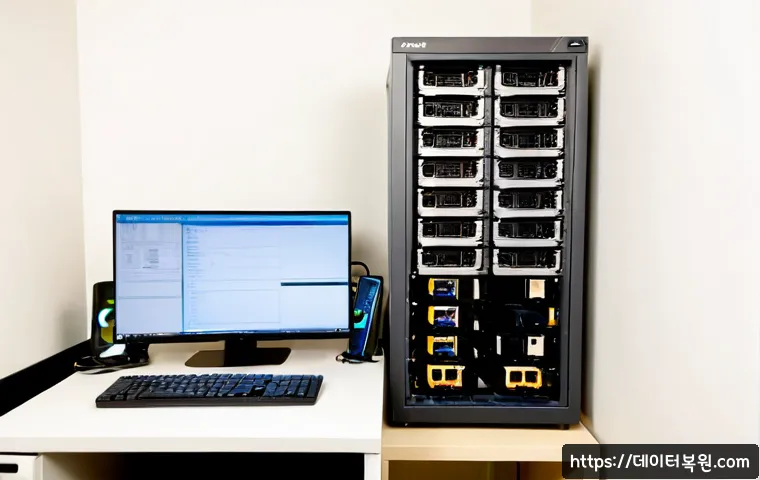 화곡동 해놀로지 xpenology 구축 - Photorealistic compact home-office workstation in a Hwagog-dong apartment, custom NAS server with ne...