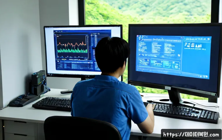 수유동 BAD_SYSTEM_CONFIG_INFO - Photorealistic IT support workstation in a compact Suyu-dong office, dual monitors with a blank deep...