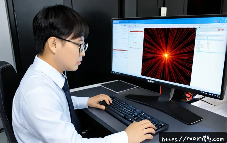 양평동 STATUS_IO_ERROR - Photorealistic IT support workstation in a compact Yangpyeong-dong office, dual monitors showing a c...