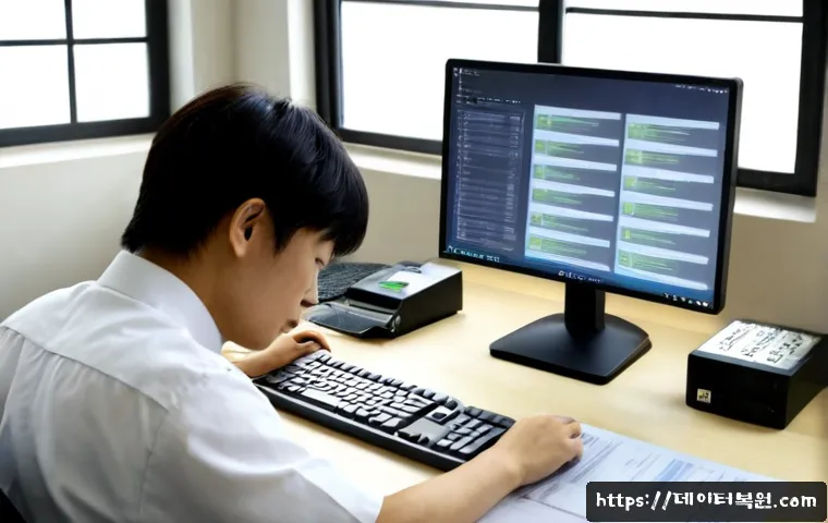 입정동 STATUS_FILE_INVALID - Photorealistic IT support workstation in a compact urban office, dual monitors showing a clean abstr...