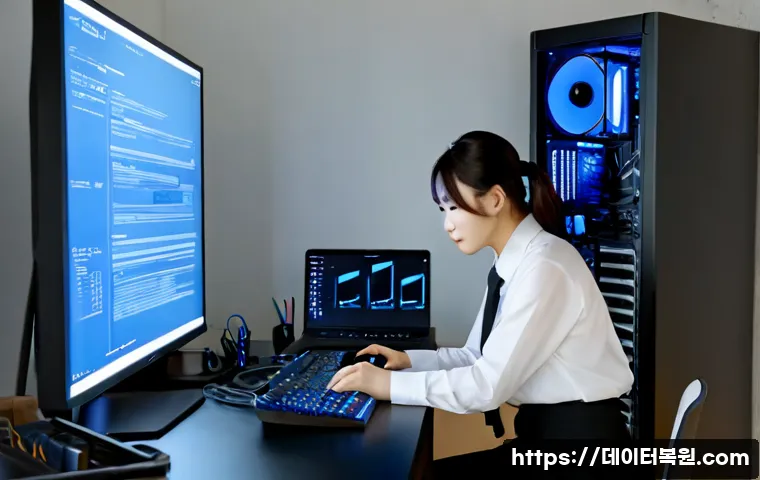 청운효자동 NTFS_FILE_SYSTEM - Photorealistic desktop support workstation in a quiet hillside Seoul neighborhood office, modern PC ...