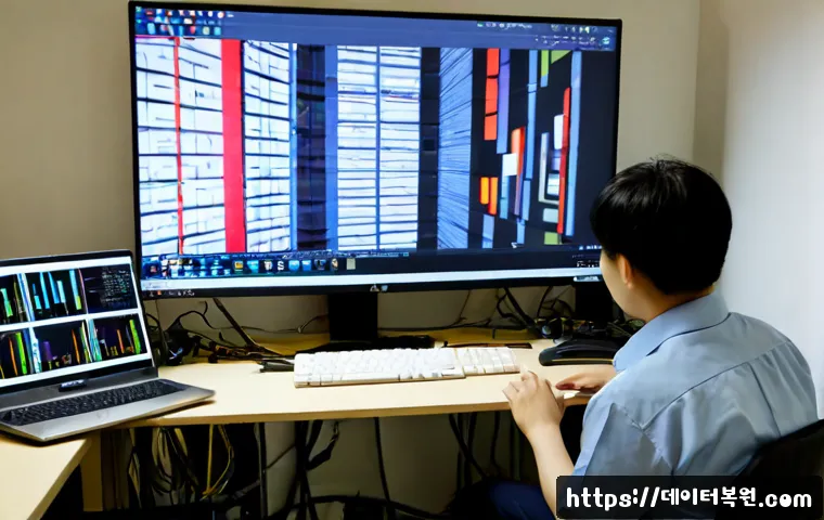 신당동 STATUS_KERNEL_MODULE_CORRUPTION - Photorealistic IT support workstation in a compact Sindang-dong office, dual monitors showing abstra...