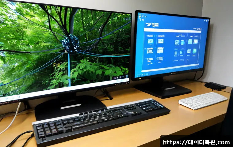 후암동 STATUS_KERNEL_NETWORK_ERROR - Photorealistic IT support workstation in a compact hillside office near a leafy Seoul neighborhood, ...