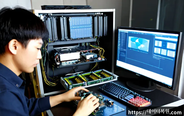 신림동 VGA조립 및 교체수리 - Photorealistic computer repair bench in a compact Sillim-dong electronics workshop, technician caref...
