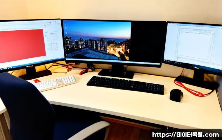 미아리 ATTEMPTED_EXECUTE_OF_NOEXECUTE_MEMORY - Photorealistic remote-support workstation in a compact hillside apartment, dual monitors showing a c...