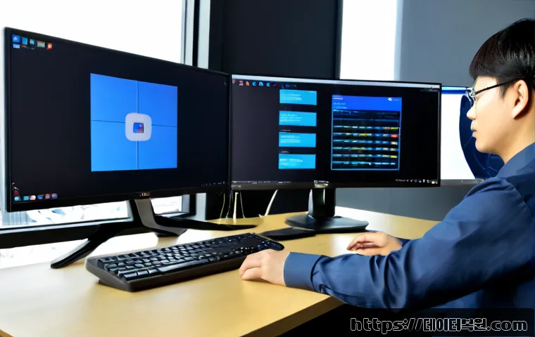 동화동 BOOTMGR is Compressed - Photorealistic remote IT support workstation in a compact Donghwa-dong office, dual monitors showing...