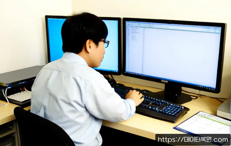 송정동 PFN_LIST_CORRUPT - Photorealistic IT support workstation in a compact Songjeong-dong office, technician examining a dua...