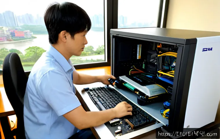풍납동 RAM조립 및 교체수리 - Photorealistic PC repair workstation in a compact Pungnap-dong apartment office, technician carefull...