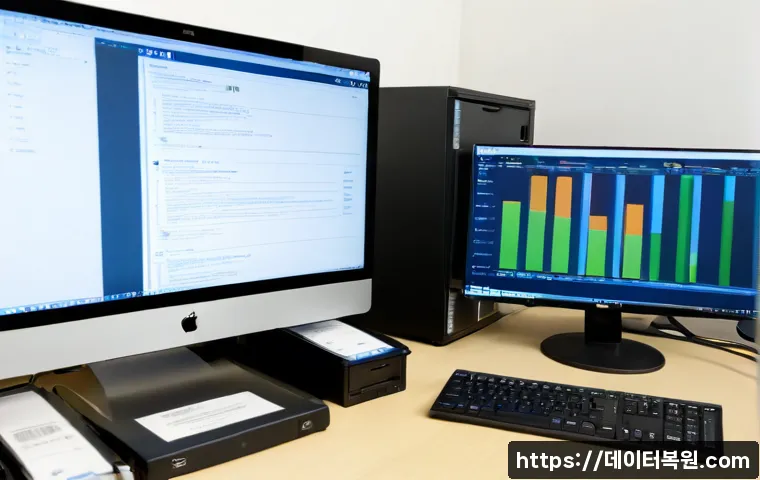 서원동 CDFS_FILE_SYSTEM - Photorealistic IT support workstation in a compact Seowon-dong office, dual monitors showing an abst...