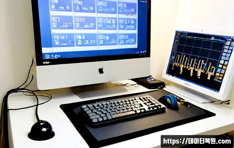 아현동 맥미니 판매 및 수리 - Photorealistic compact computer repair workstation in Ahyeon-dong, Seoul, an opened silver mini desk...