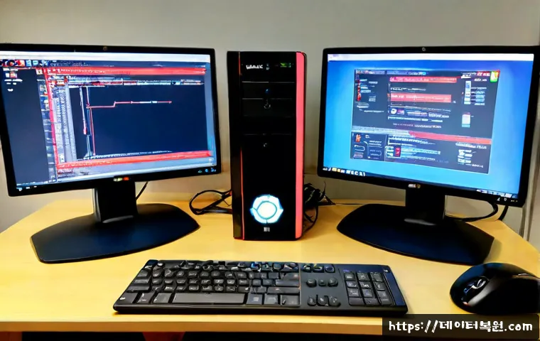 강북구 STATUS_KERNEL_REGISTRY_ERROR - Photorealistic remote IT support workstation in a compact northern Seoul apartment office, dual moni...