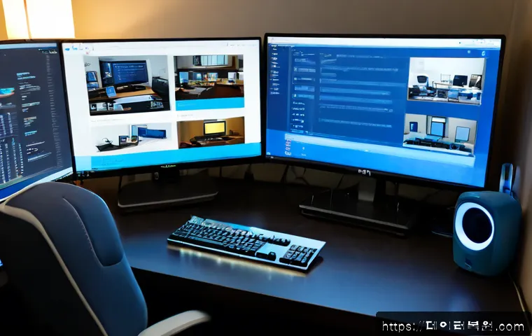 답십리동 KMODE_EXCEPTION_NOT_HANDLED - Photorealistic remote support workstation in a compact Dapsimni-dong apartment office, dual monitors...
