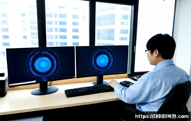 체부동 WIN32K_LOCK_HELD_TOO_LONG - Photorealistic remote IT support workstation in a quiet Chebu-dong apartment office, dual monitors s...