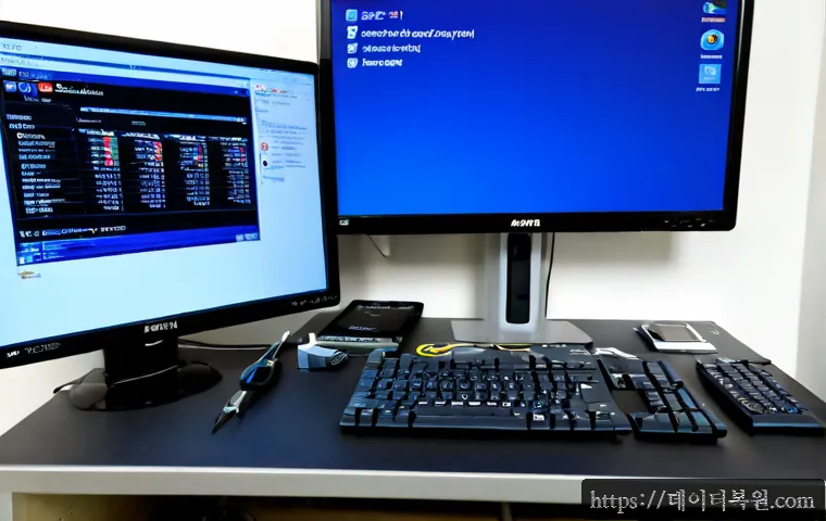 신영동 NMI_HARDWARE_FAILURE - Photorealistic remote IT support workstation in a compact hillside apartment, desktop monitor frozen...