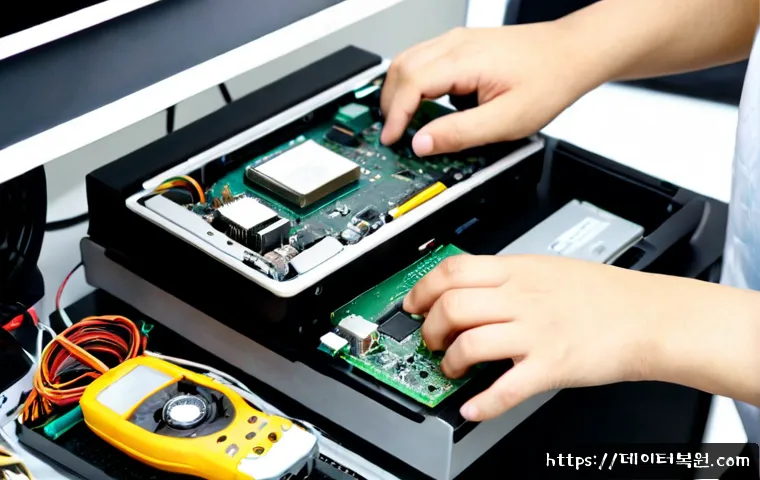 하면 맥미니 판매 및 수리 - Photorealistic compact desktop computer repair bench in a tidy Korean electronics service studio, te...