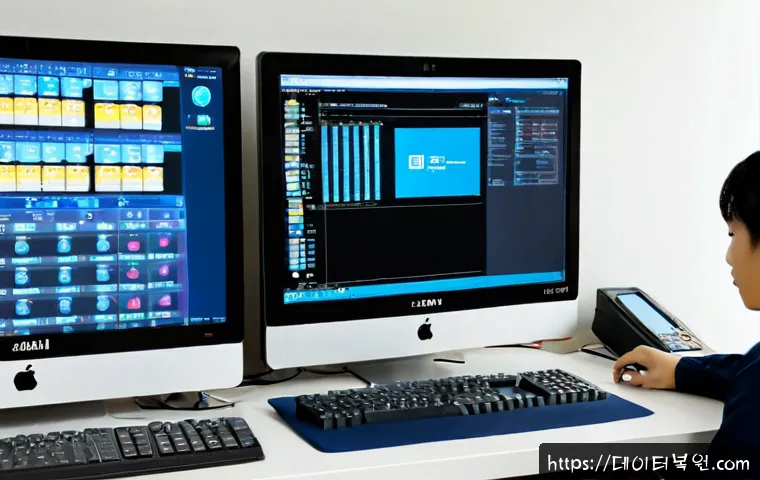 행운동 SYSTEM_SERVICE_EXCEPTION - Photorealistic IT support workstation in a compact apartment office, dual monitors showing a generic...