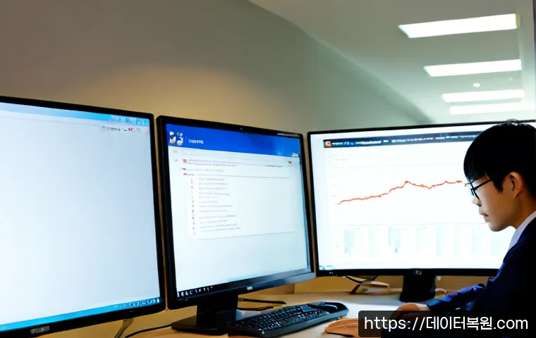 묵정동 STATUS_PROTECTION_ERROR - Photorealistic remote-support workstation in a compact Seoul hillside office, dual monitors showing ...