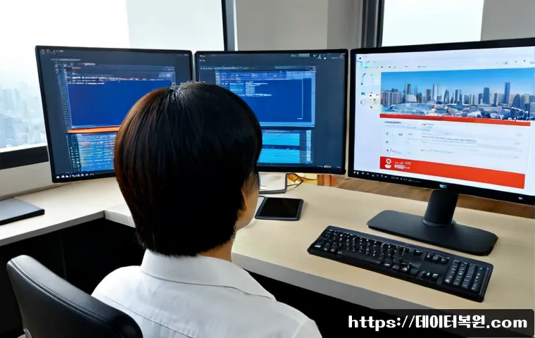 수서동 STATUS_KERNEL_ACCESS_DENIED - Photorealistic IT support workstation in a modern Suseo-dong apartment office, dual monitors showing...