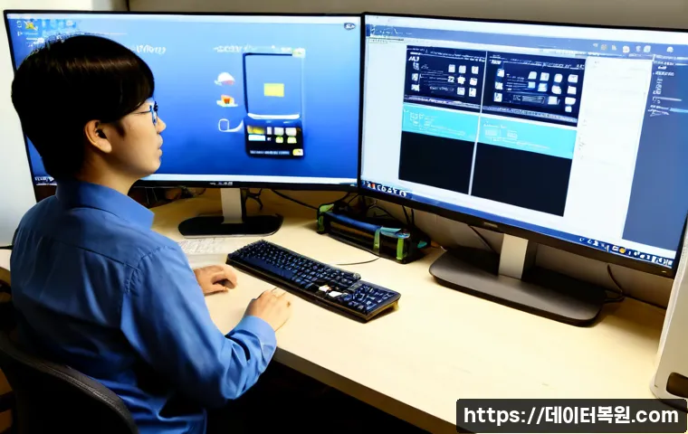 염창동 STATUS_KERNEL_REGISTRY_ERROR - Photorealistic IT support workstation in a compact Yeomchang-dong riverside office, dual monitors sh...
