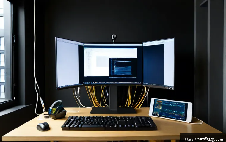 동교동 INVALID_KERNEL_HANDLE - Photorealistic remote-support workstation in a compact Donggyo-dong creative studio, dual monitors s...