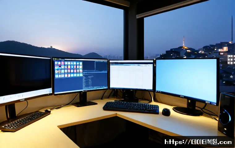 창성동 STATUS_KERNEL_MODULE_NOT_FOUND - Photorealistic remote IT support workstation in a compact Changseong-dong hillside office, dual moni...