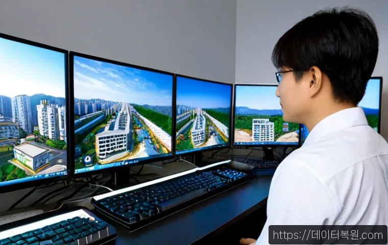 하안동 네트워크구축 설정 및 세팅오류해결 - Photorealistic IT technician configuring a compact office network at a modern workstation, dual moni...