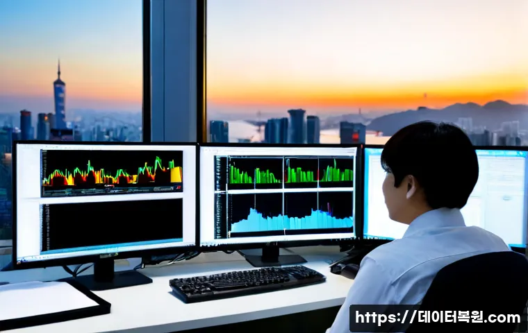 용산구 STATUS_INSTRUCTION_FAILED - Photorealistic IT support workstation in a modern Yongsan office, dual monitors showing abstract bla...