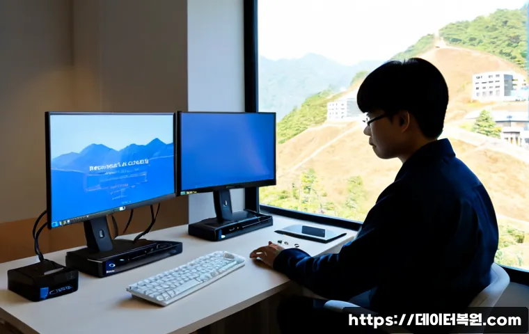 정릉동 BAD_SYSTEM_CONFIG_INFO - Photorealistic remote-support workstation in a compact hillside apartment office, dual monitors show...