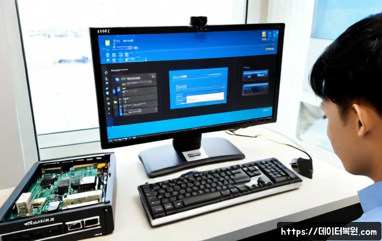 공항동 윈도우8 windows8 재설치 포맷  초기화 - Photorealistic remote-support workstation in a quiet office near an airport district, technician rei...