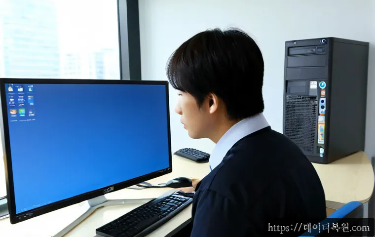 도렴동 INTERNAL_POWER_ERROR - Photorealistic IT support workstation in a modern Doryeom-dong office, desktop monitor showing a gen...