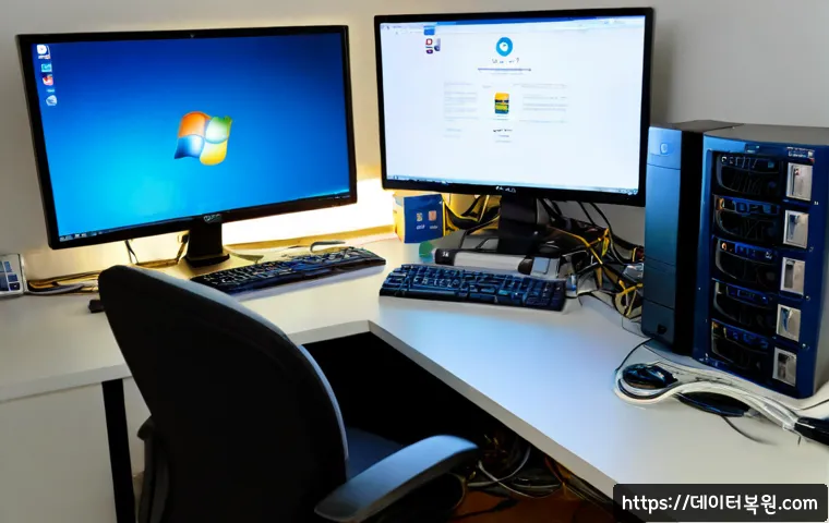 조원동 STATUS_KERNEL_BOOT_DRIVE_ERROR - Photorealistic IT support workstation in a compact Jowon-dong apartment office, dual monitors showin...