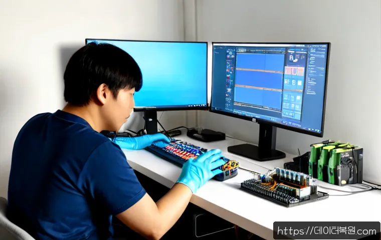 행신동 HARDWARE_MEMORY_FAILURE - Photorealistic desktop workstation in a modern apartment near a Korean commuter district, open tower...