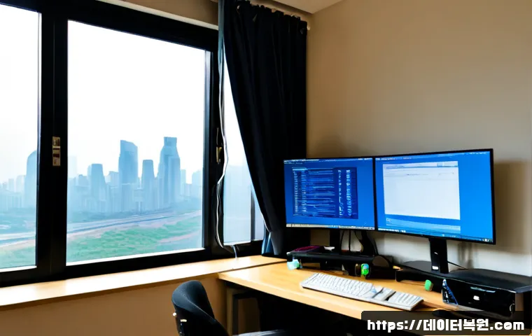 반포동 BAD_SYSTEM_CONFIG_INFO - Photorealistic premium desktop support workstation in a quiet Banpo apartment office, widescreen mon...