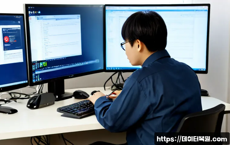 송정동 STATUS_KERNEL_PERMISSION_DENIED - Photorealistic remote-support workstation in Songjeong-dong, Seoul, a frustrated IT technician viewi...