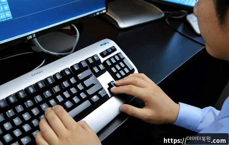 당주동 f4키 누르라고 할때 - Photorealistic IT support workstation in a compact Dangju-dong office, engineer’s hand pressing the ...