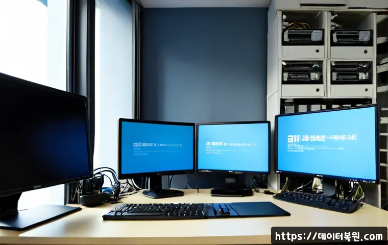 보문동 WIN32K_POWER_WATCHDOG_TIMEOUT - Photorealistic IT support workstation in a compact Seoul neighborhood office near Bomun-dong, dual m...
