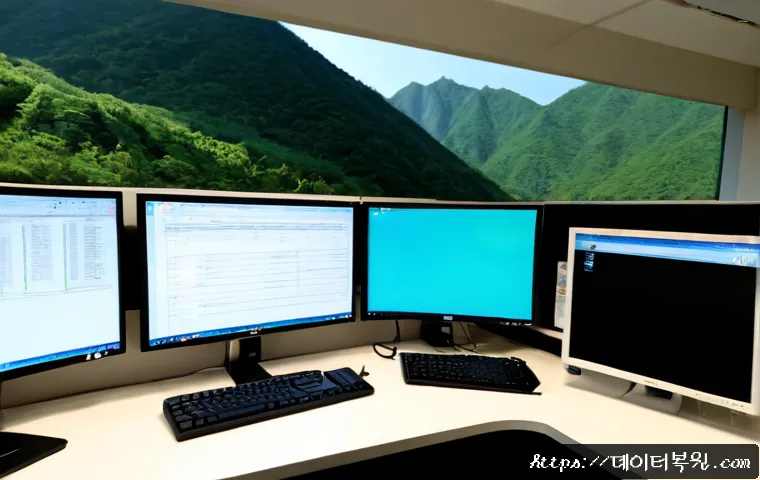 과천시 STATUS_FILE_INVALID - Photorealistic IT support workstation in a modern Gwacheon office tower, dual monitors showing a bla...
