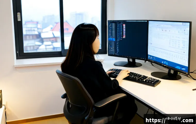 창천동 STATUS_CONTROL_C_EXIT - Photorealistic remote-support workstation in a compact Changcheon-dong studio office, dual monitors ...